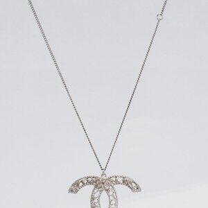 Chanel Silver Metal Large CC Logo Camellia Pendant Necklace